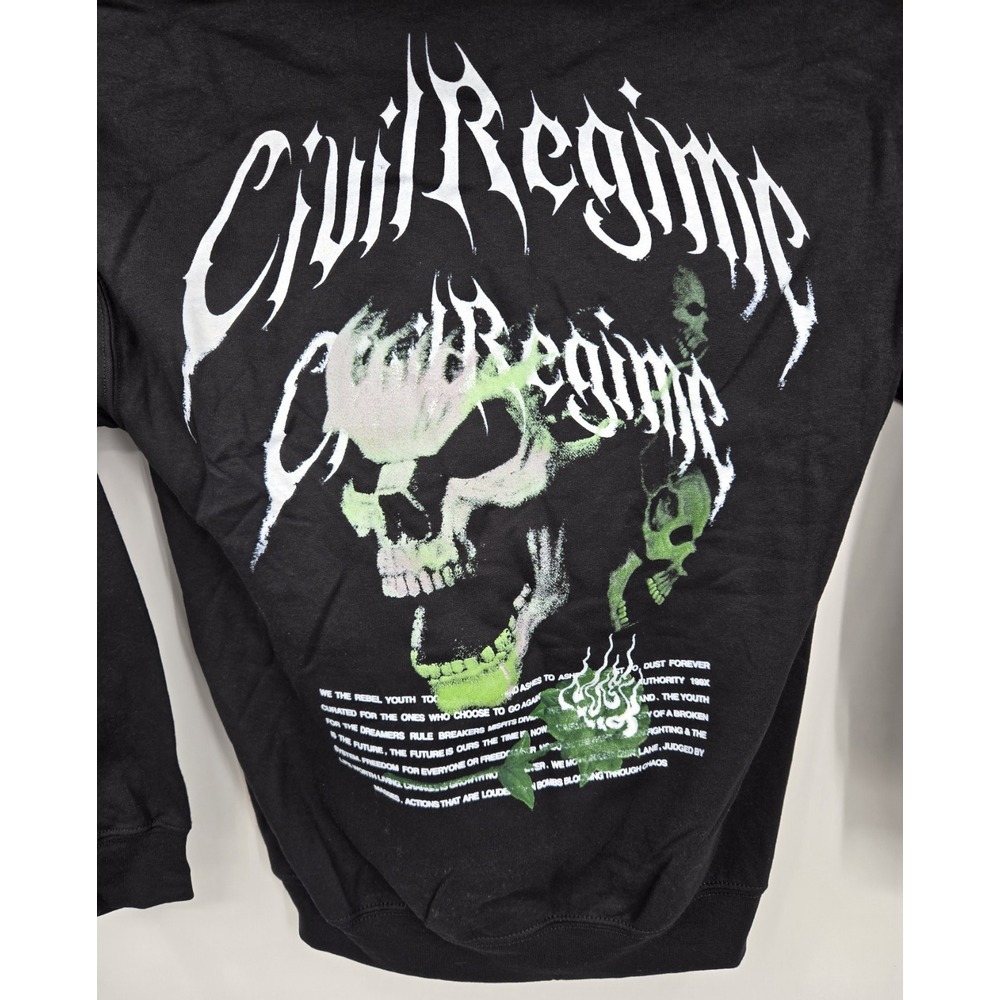 Civil Regime‎ Pullover Hoodie Mens M Black Graphic Skull Kangaroo Pocket Sweater